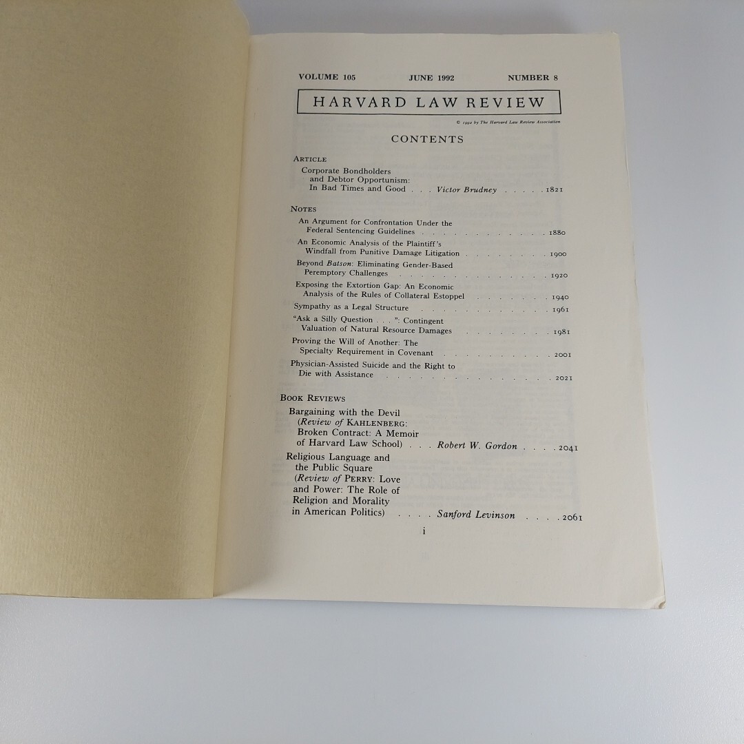 Harvard Law Review June 1992 Volume 105 Number 8 Paperback
