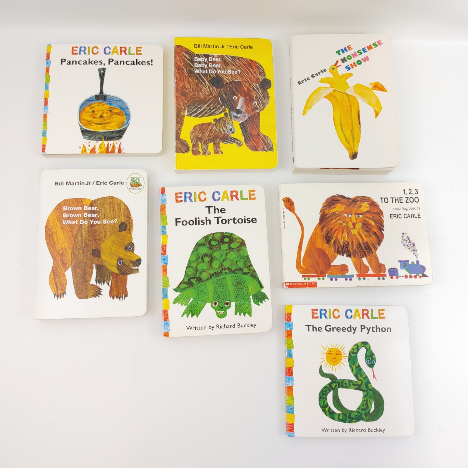 Lot of 7 Eric Carle Board Books 1, 2, 3 TO THE ZOO, BROWN BEAR, PYTHON, PANCAKES