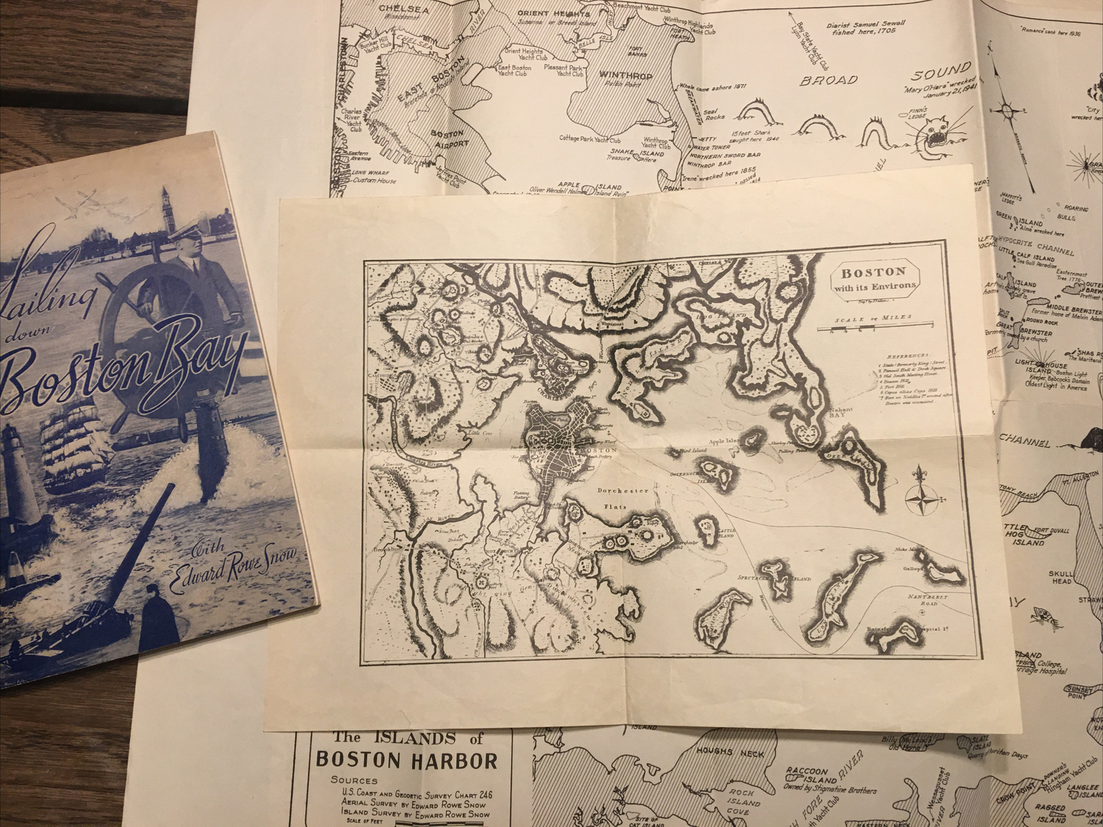 Vintage Boston MA 1941 “SAILING DOWN BOSTON BAY” Edward Rowe Snow SIGNED +4Maps