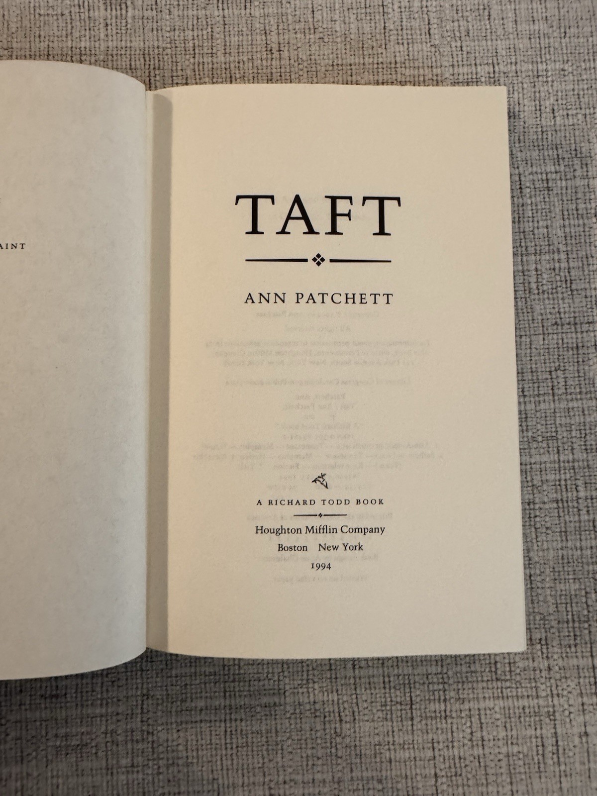 Taft Ann Patchett 1994 Hardcover First Edition 1st Printing Dust Jacket