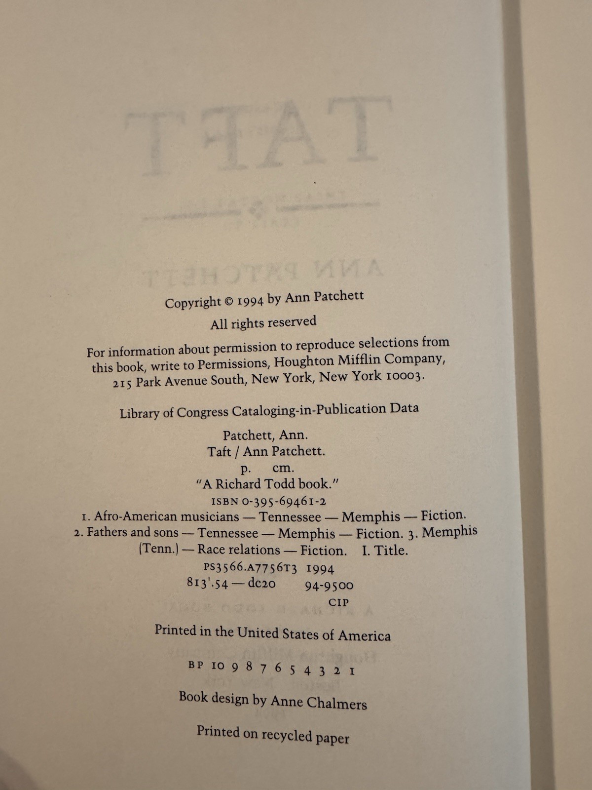 Taft Ann Patchett 1994 Hardcover First Edition 1st Printing Dust Jacket