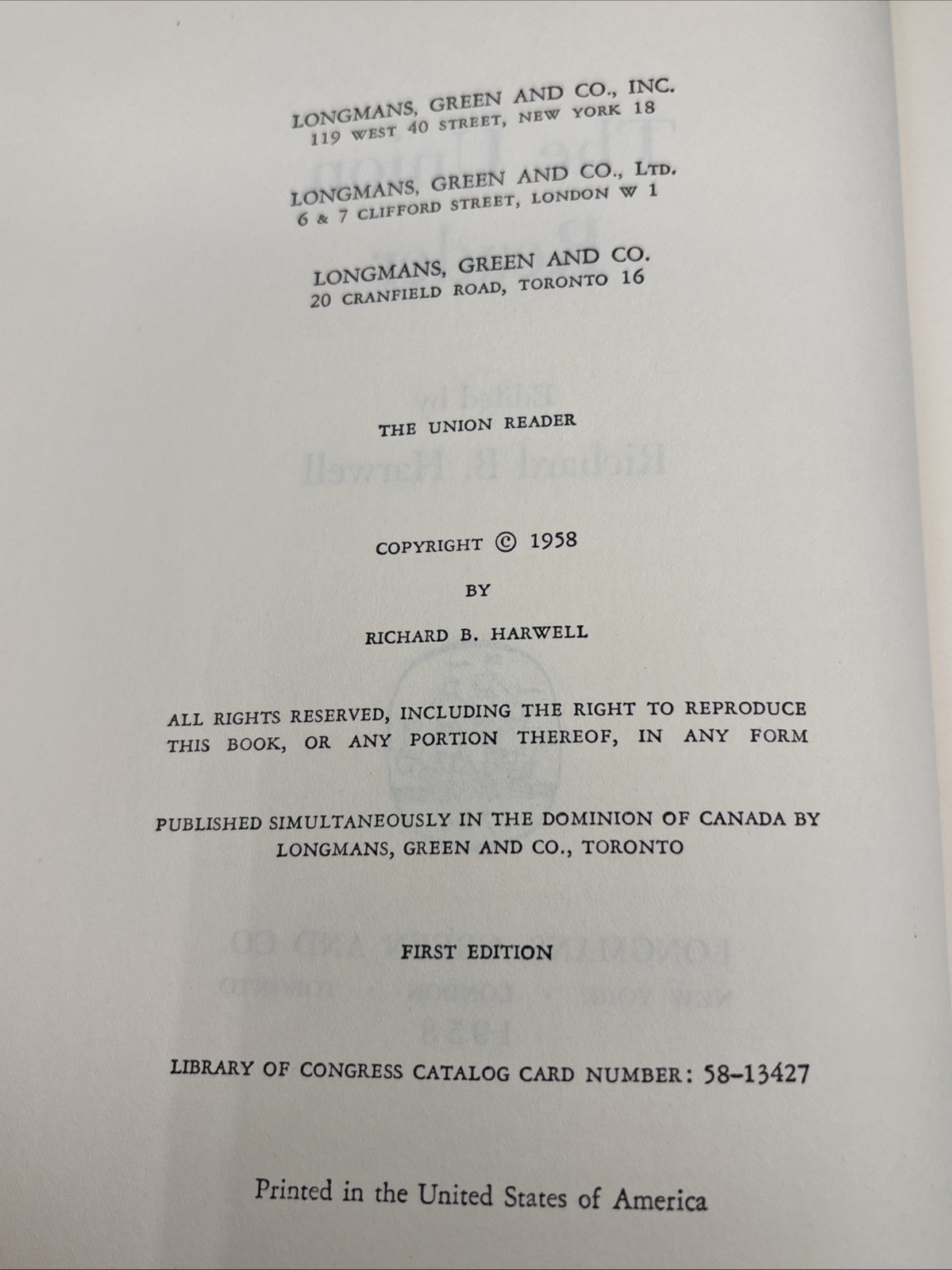 1958 The Union Reader Richard B Harwell Civil War 1st Ed.EXCELLENT