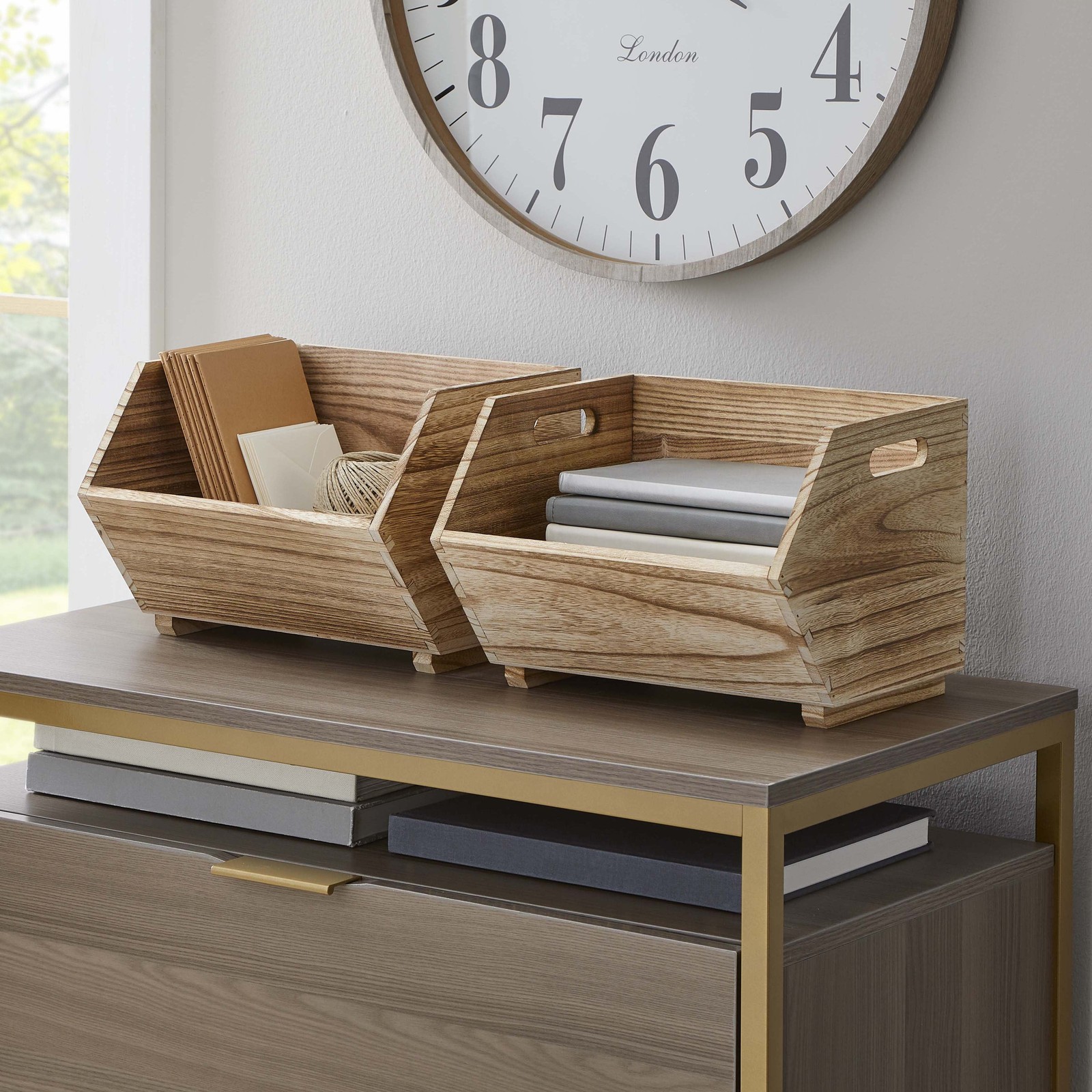 2-Piece Set Natural Wood Stacking Open Front Decorative Storage Bins, 11 in X 16