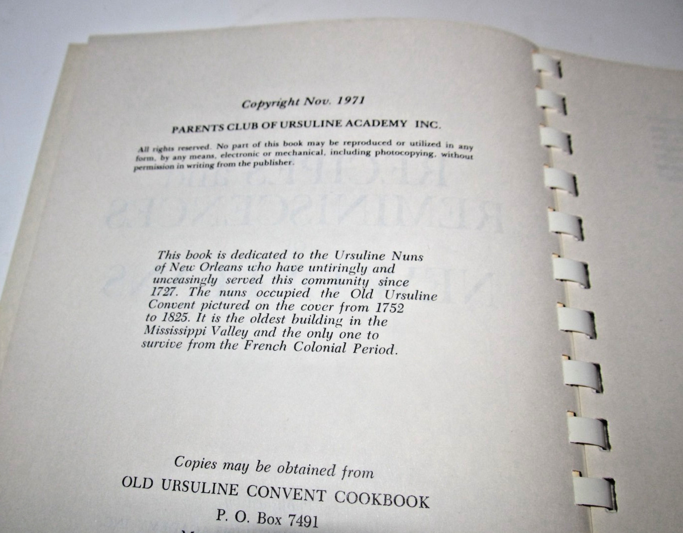 “Recipes and Reminiscences of New Orleans” cookbook, Ursuline Academy, 1971 (B3)