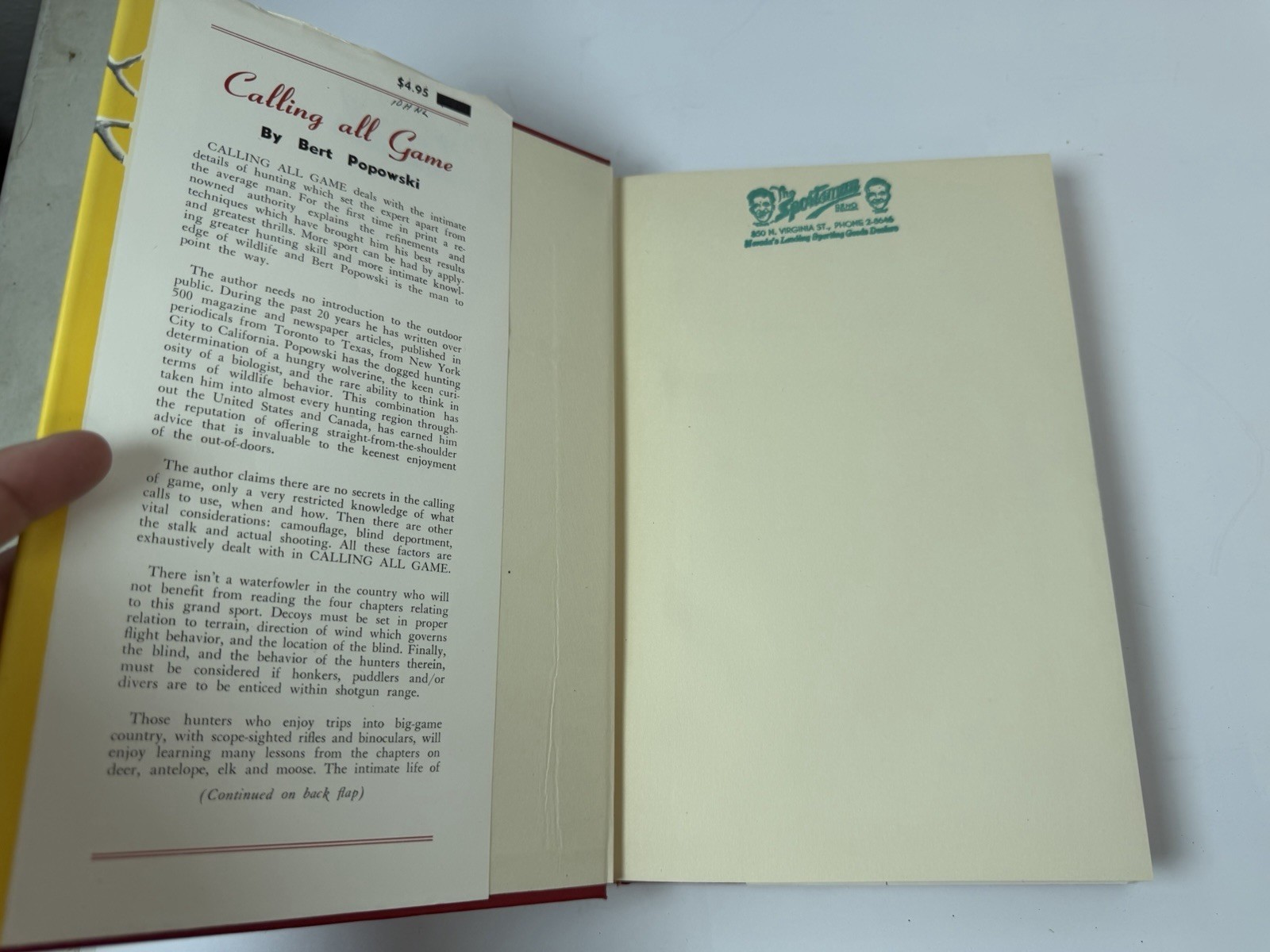 Calling All Game By Bert Popowski HC 1952 First Edition Hunting Stories and Tips