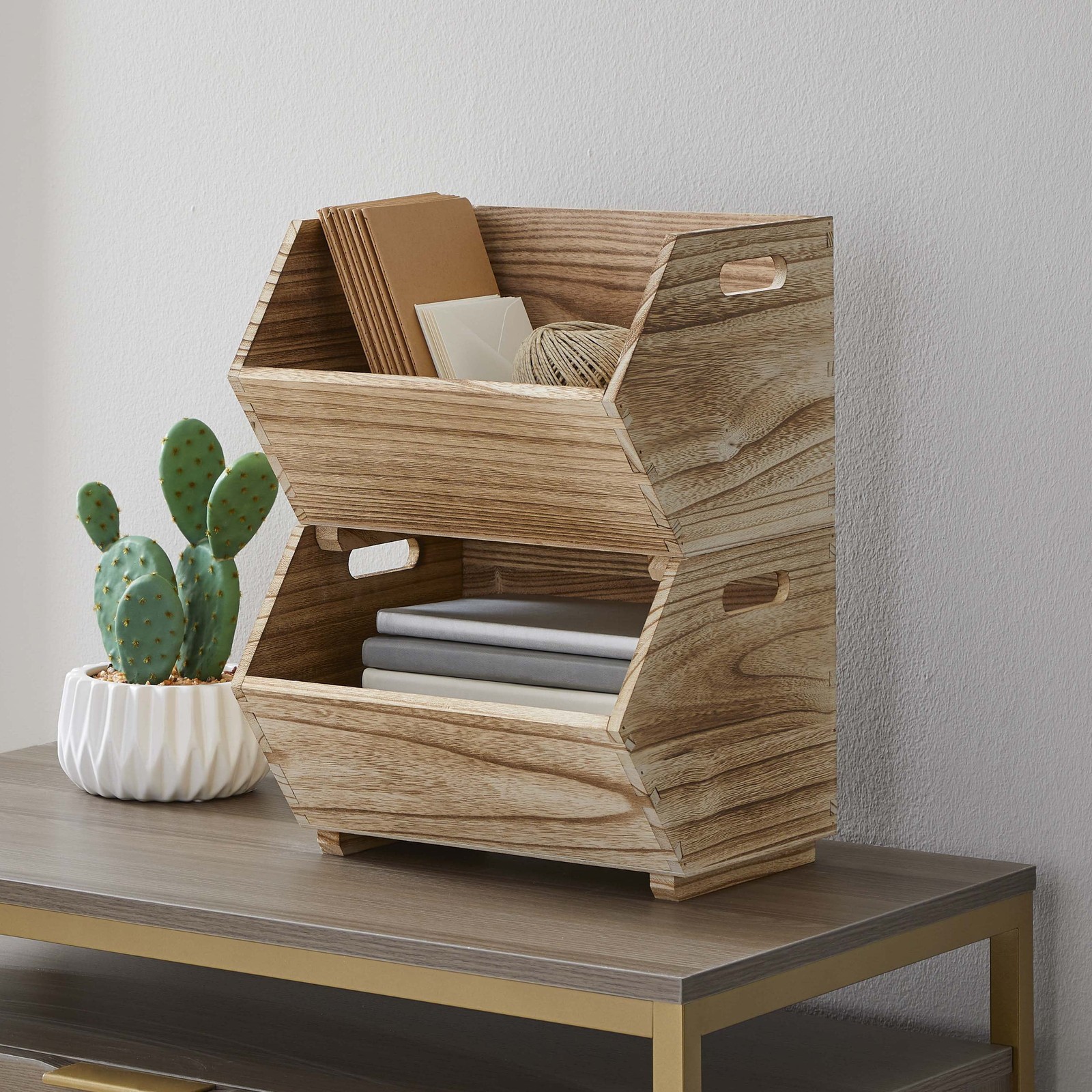 2-Piece Set Natural Wood Stacking Open Front Decorative Storage Bins, 11 in X 16