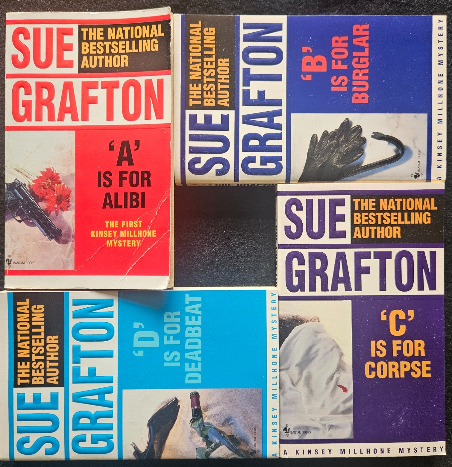 4 Sue Grafton PB Books Alphabet Series A, B, C, & D. 1994 Cover Art.