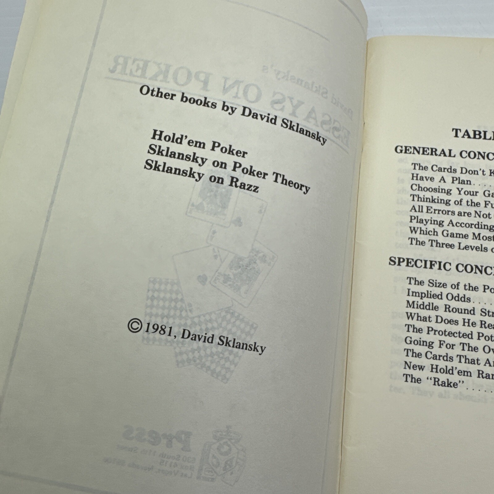 David Sklansky’s Essays on Poker 1981 Booklet GBC Press