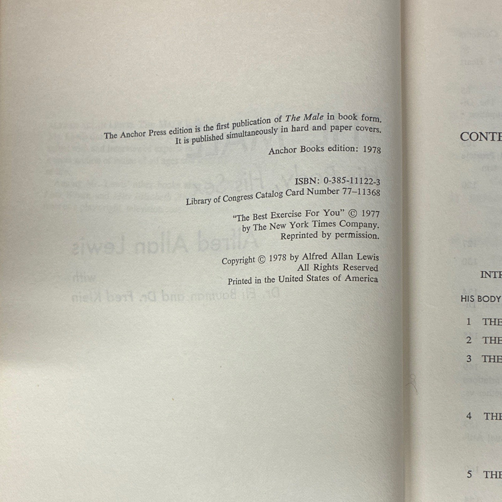 The Male: His Body, His Sex by Alfred Allan Lewis Paperback Doubleday 1978 ISBN