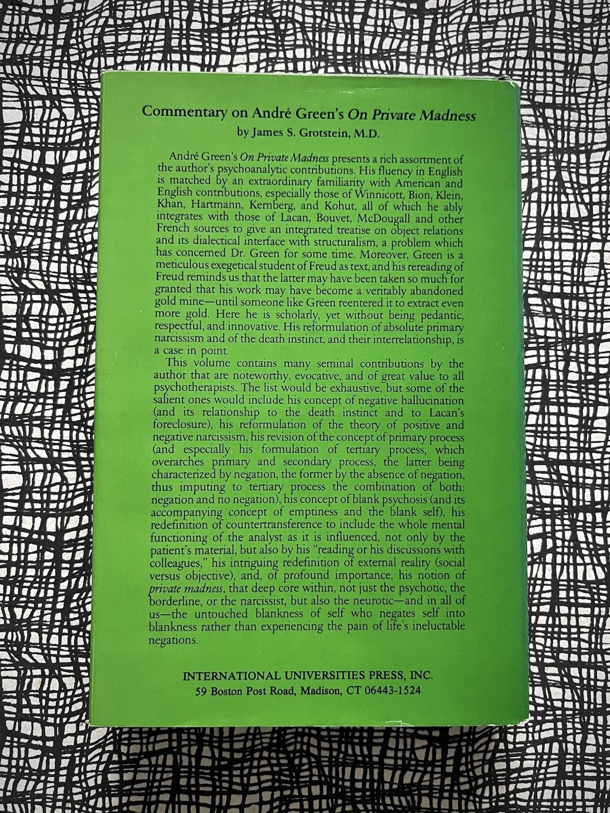 ON PRIVATE MADNESS ~ ANDRÉ GREEN 1986 HC/DJ As New/VG+ Psychoanalysis Psychology