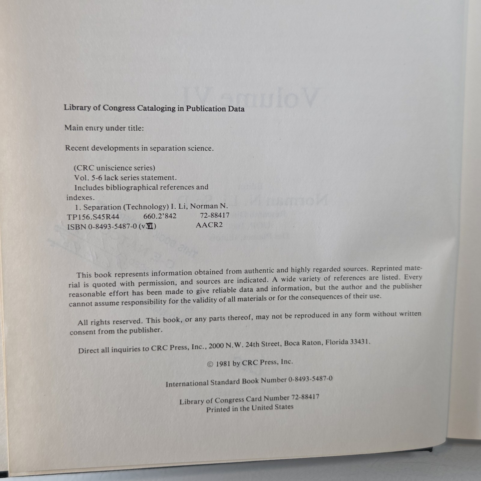 CRC Press Recent Developments in Separation Science Volume VI Norman Li
