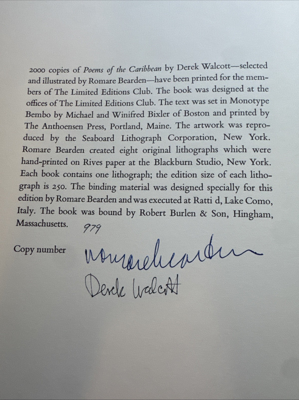 The Caribbean Poetry Derek Walcott Signed Limited Editions Club w/Lithograph